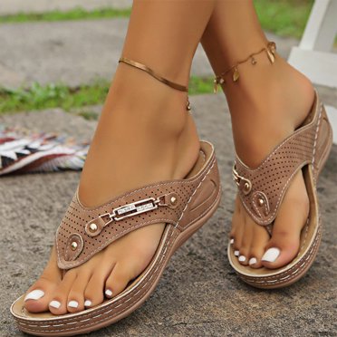 Aueoeo Womens Wedge Arch Support Flip Flops Soft Hollow Out Platforms