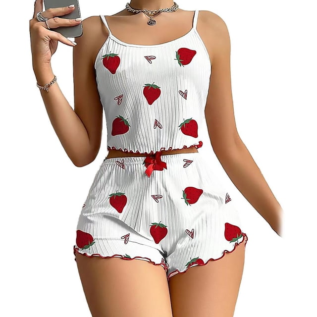 Women's Heart Design Two-Piece Sleep Set - Adjustable Spaghetti Strap Top & Shorts Loungewear, Comfortable Polyester Pajama Set for Weekend Mornings & Relaxing, Pink/White, M