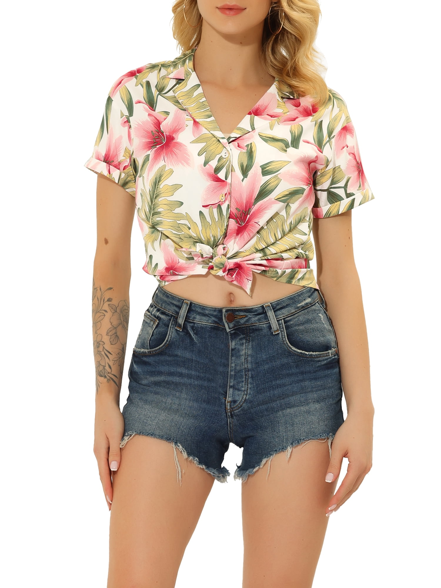 Allegra K Women's Summer Beach Tropical Floral Button Down Hawaiian