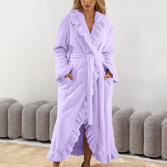 Women Solid Color Flannel Robes Bathrobe Ruffle Bathrobe Long Sleeve Robes Purple XL