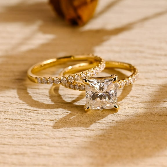 Hitanshu Jewels Princess Cut Cubic Zirconia 14K Yellow Gold Plated His & Hers Wedding Band Set