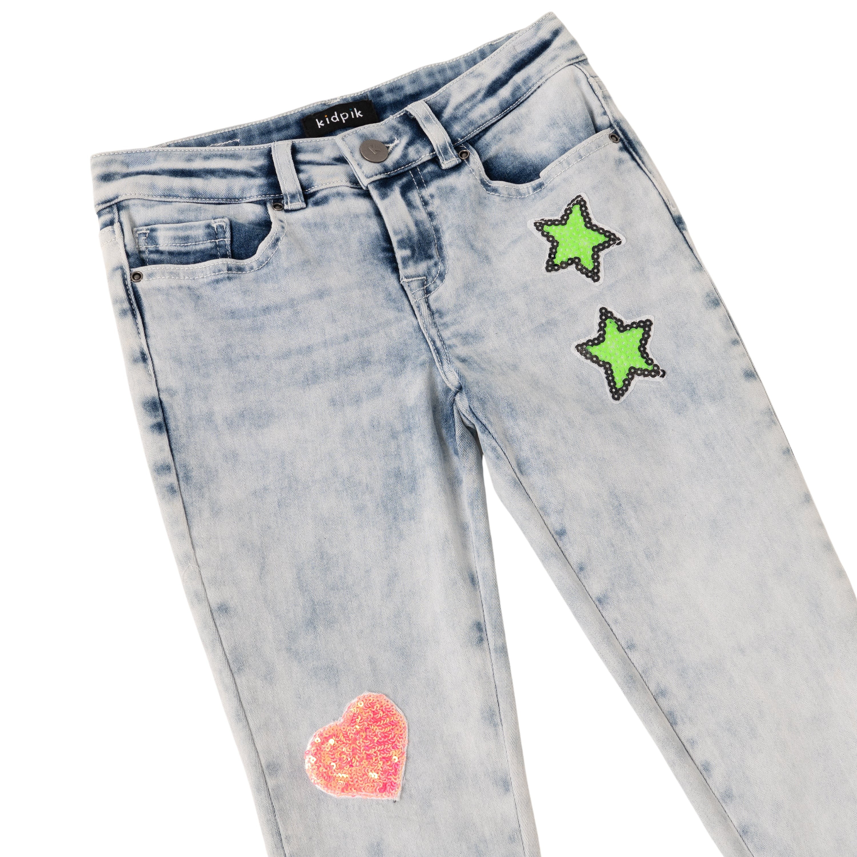 KIDPIK Girls Premium Denim, 5 Pocket Sequin Patch Denim Skinny Jean, Size 4