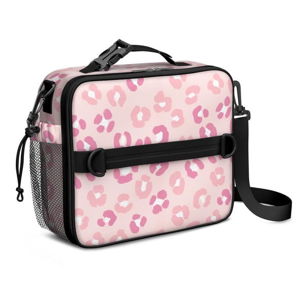 Pink Leopard Print Insulated Lunch Bag with Shoulder Strap and Bottle Holder,Bento School Lunch Bag Box,11x9.5x3.5 Inches