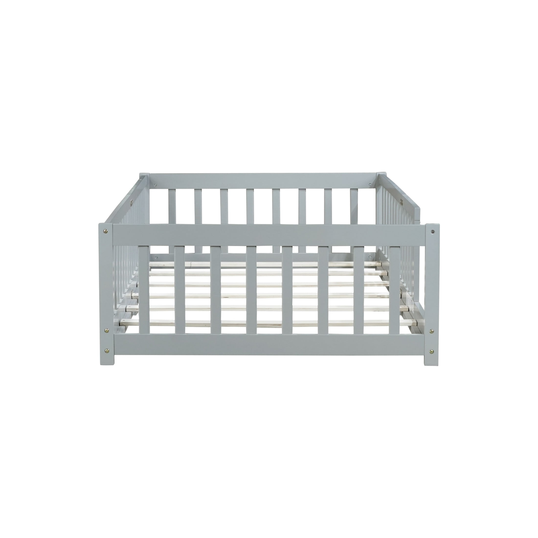Noble House Erika Twin Floor Bed with Safety Fence, Rubber Wood Montessori Bed Frame, Kid's Room, Gray