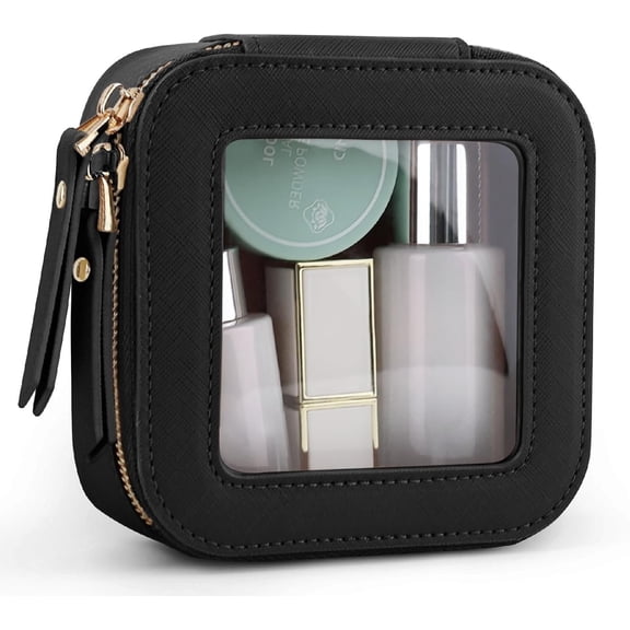 Mini Clear Makeup Bag for Purse Cute Small Travel Bag for Women Toiletry Bag Leather Makeup Pouch with Zipper(Black)