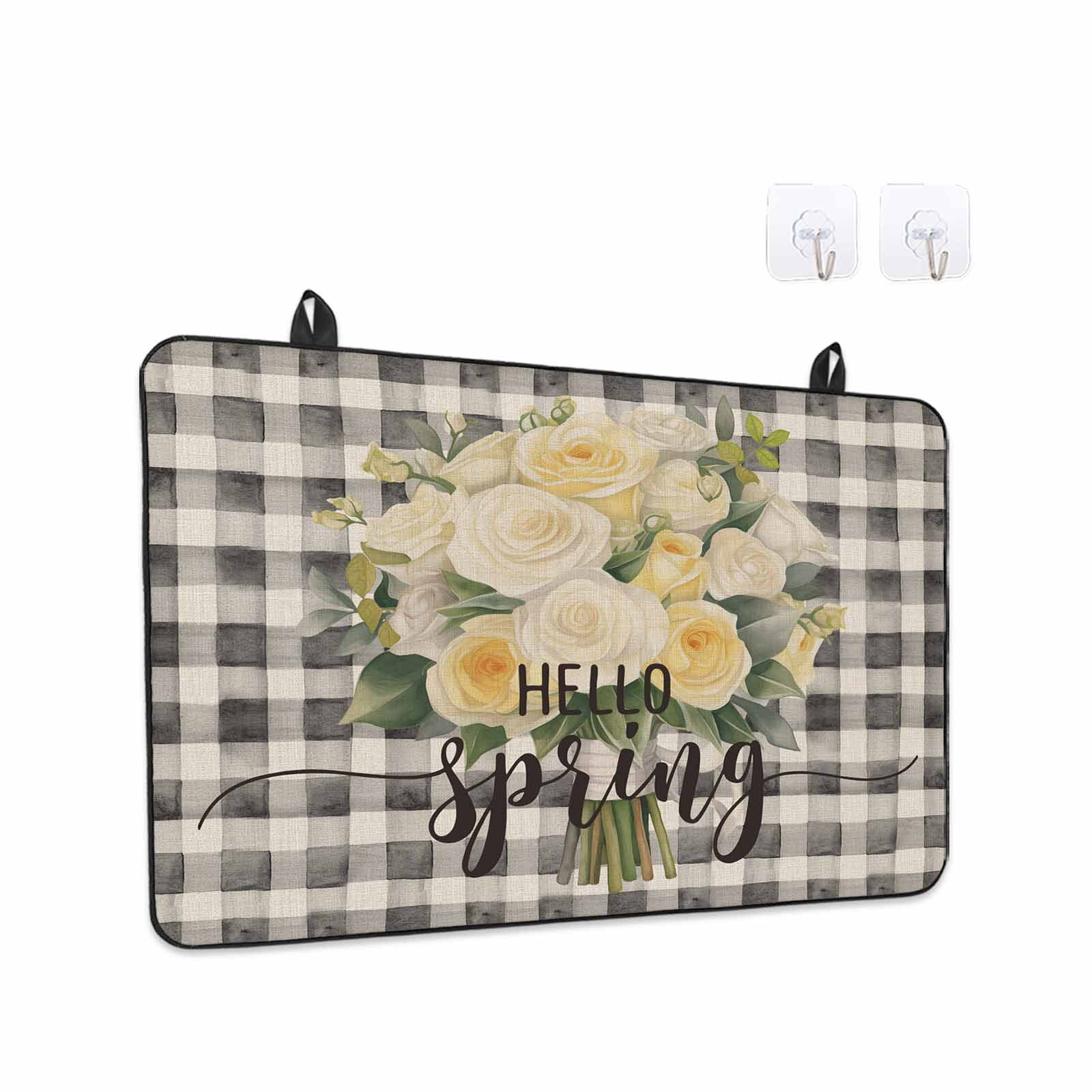 Spring Floral Stove Top Cover for Electric Stove, Heat-proof & Non Slip Glass Top Stove Cover Protector, Black White Plaid Summer Botanical Flowers Kitchen Flat Cooktop Rubber Mat 24x21 Inches