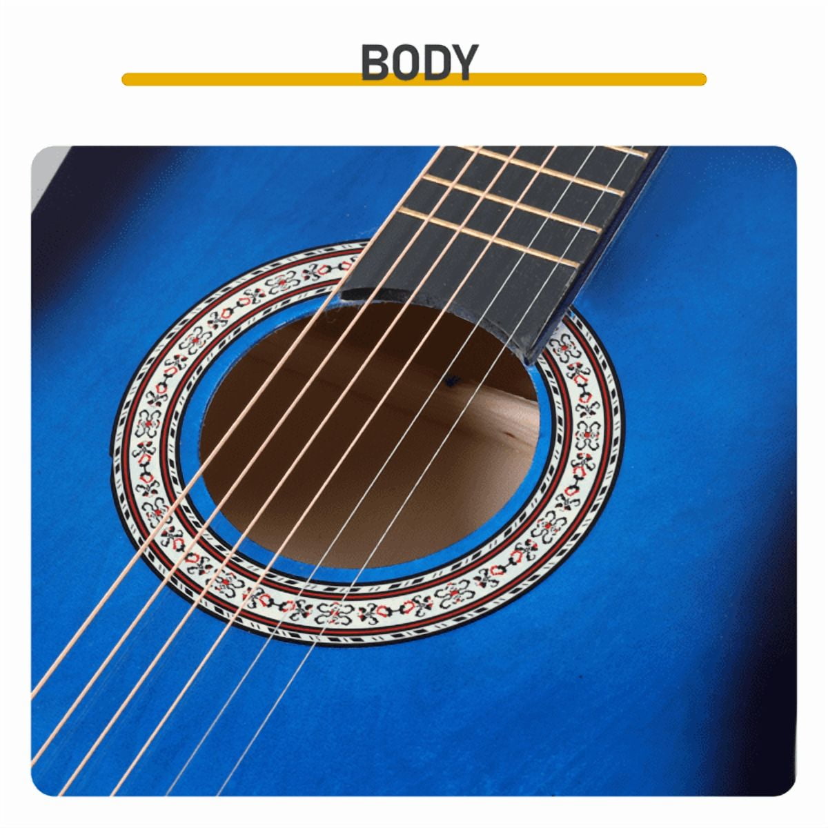 38in Round Acoustic Guitar with Picks, Strings, Capo, Case, Tuner, and Strap (Blue)