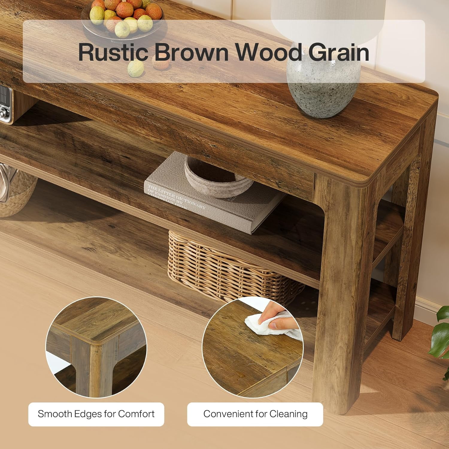Finmind 63" Sofa Entryway Table, Farmhouse Wooden Console Table with Storage Shelves, Rustic Brown