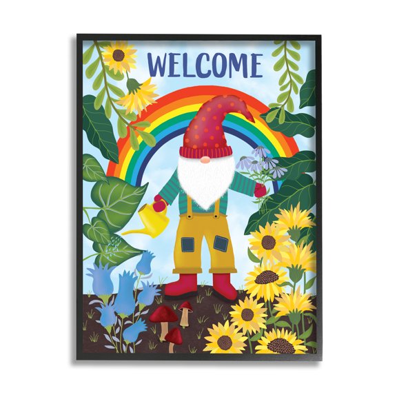 Stupell Industries Rainbow Welcome Garden Gnome Sunflowers Mushrooms Graphic Art Black Framed Art Print Wall Art, 11x14, by Darlene Seale