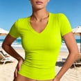 thumbnail image 6 of Womens Basic V Neck Short Sleeve Spring T Shirts Slim Fit Crop Y2k Tee Summer Gym Workout Cute Top Fluorescent Green M, 6 of 7