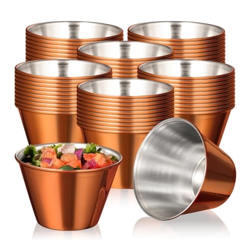 Fit Meal Prep [120 Pack 4 oz Stainless Steel Sauce Cups - Copper Plated Individual Round Condiments Ramekins, Commercial Grade Safe/Portion Dipping Sauce Kitchen Set