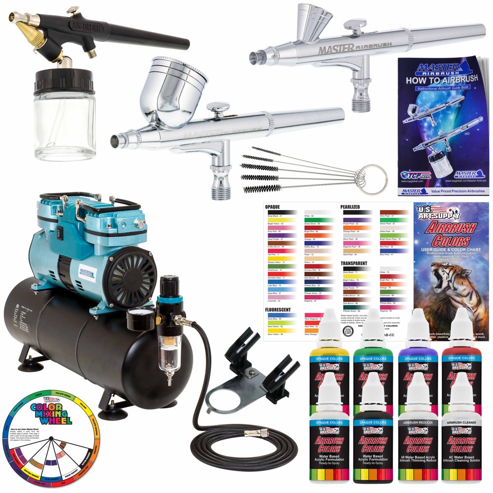3 Master Airbrush 1/4hp TwinPiston Air Compressor, 6 Color Acrylic Paint Set