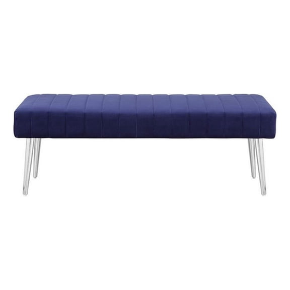 Benjara Lida 45" Bench- Modern Tufted Lines- Blue Soft Velvet- Chrome Metal