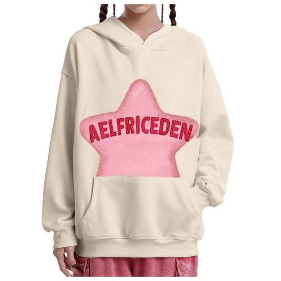 Tiweut Women's Casual Hoodies Hoodies Star Print Unisex Oversized Hooded Long Sleeve Loose Fit Pullover with Pocket Regular Blouses Beige,M