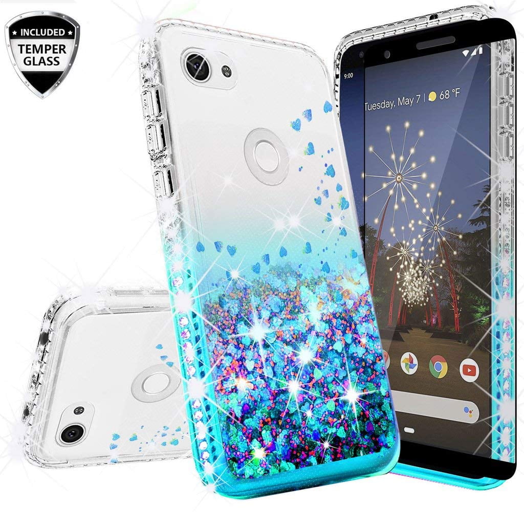Cute Phone Case for Google Pixel 3a Case w[Temper Glass] Liquid Glitter Bling Diamond Bumper