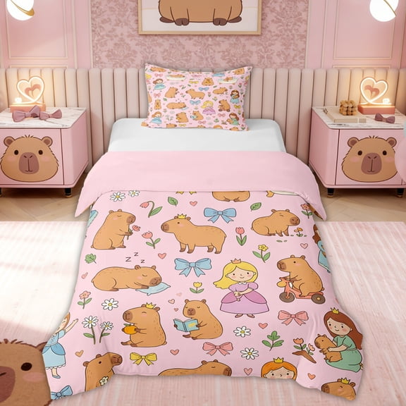 Erosebridal Kid Cute Capybara Twin Bedding, Bow Princess Fairy Duvet Cover Set, Pink Reversible, 2 Pieces, No Comforter