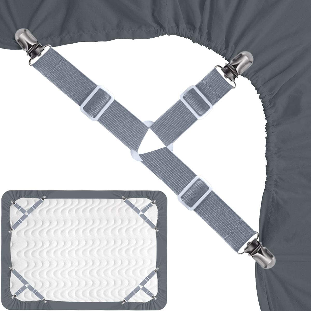 Bed Sheet Holder Straps，Adjustable Fitted Bed Sheet Clips Fasteners 3 Way Elastic Suspenders