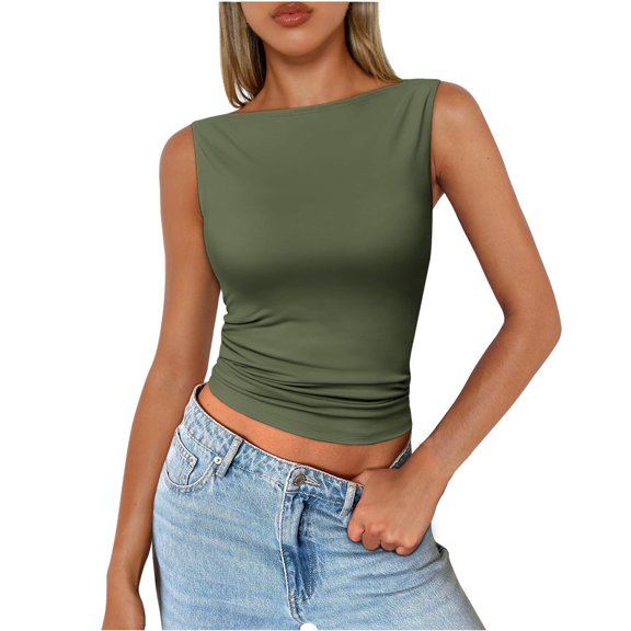 Women's Short Length Round Neck Sleeveless Tank Top, Sexy Fitted Basic Shirt for Layering or Club Outfits,Army Green L