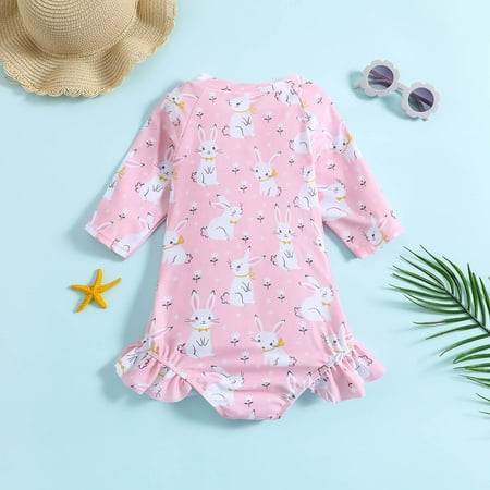 

kpoplk Girls Swimsuits Summer Toddler Girls Long Sleeve Ruffles Cartoon Rabbit Prints 1 Piece Swimwear Cute Swimsuits For Girls(Red)