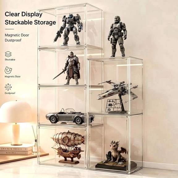 Clearance!3pcs Clear Storage Bins with Lids, Stackable Interlock Clear Storage boxes, Magnetic Lid Anti-Yellow PET Display cases 14.17×8.66×10.61in for Collectibles Sneakers Cosmetics Handbags