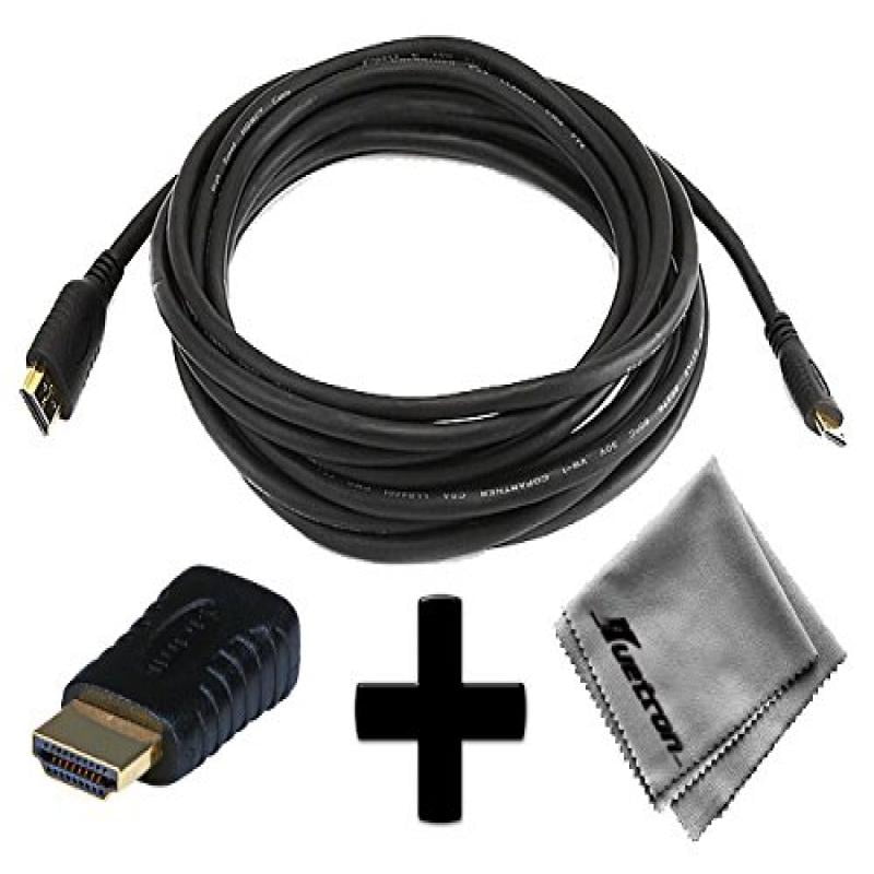 GoPro HD Hero2 Surf Compatible 15ft HDMI to HDMI Mini Connector Cable Cord Plus HDMI Male to HDMI Mini Female Adapter with Huetron Microfiber Cleaning