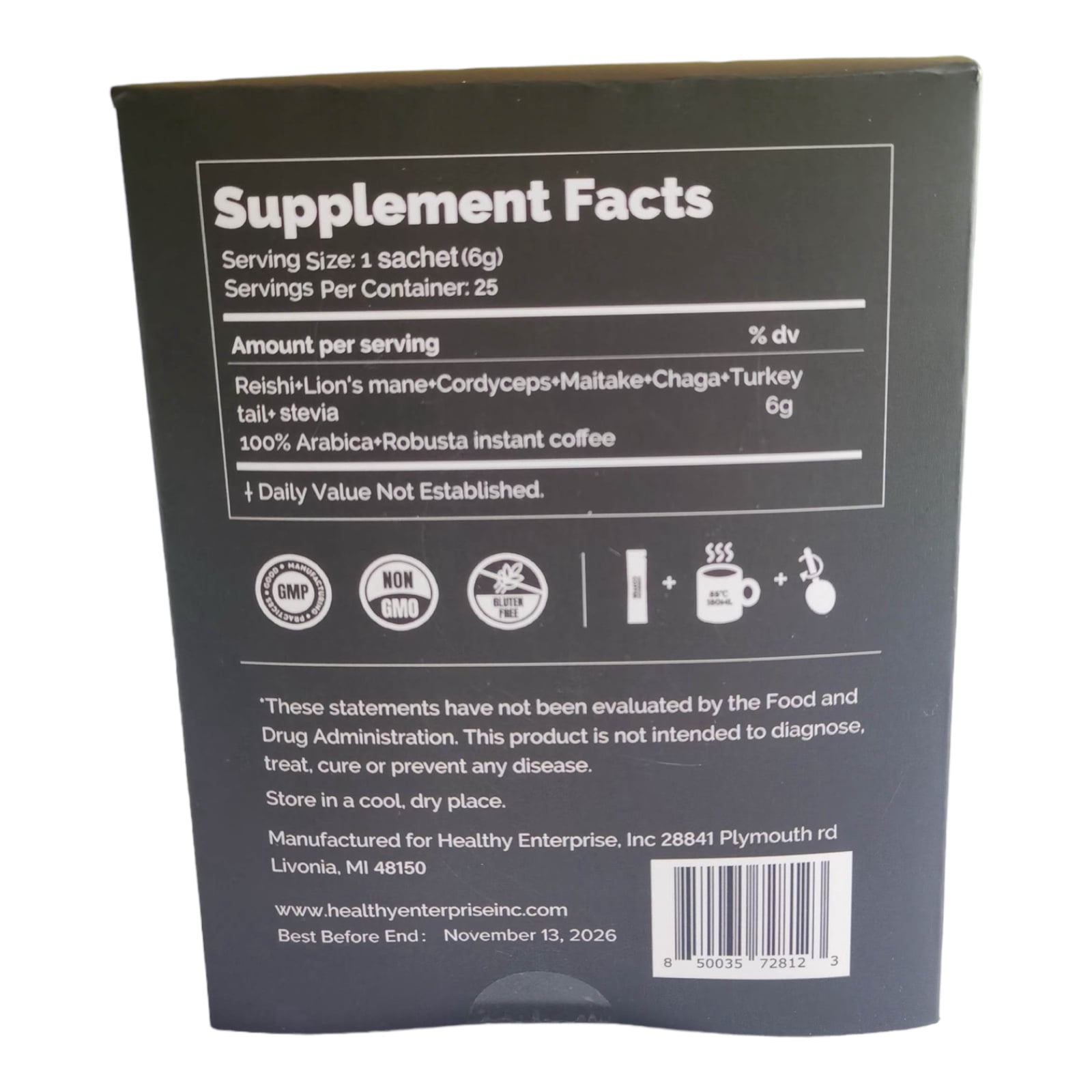Healthy Enterprise, Inc. Supreme Blend Mushroom Coffee Naturally Caffeinated Medium-Dark Roast Roasted Flavor 25 Servings Box
