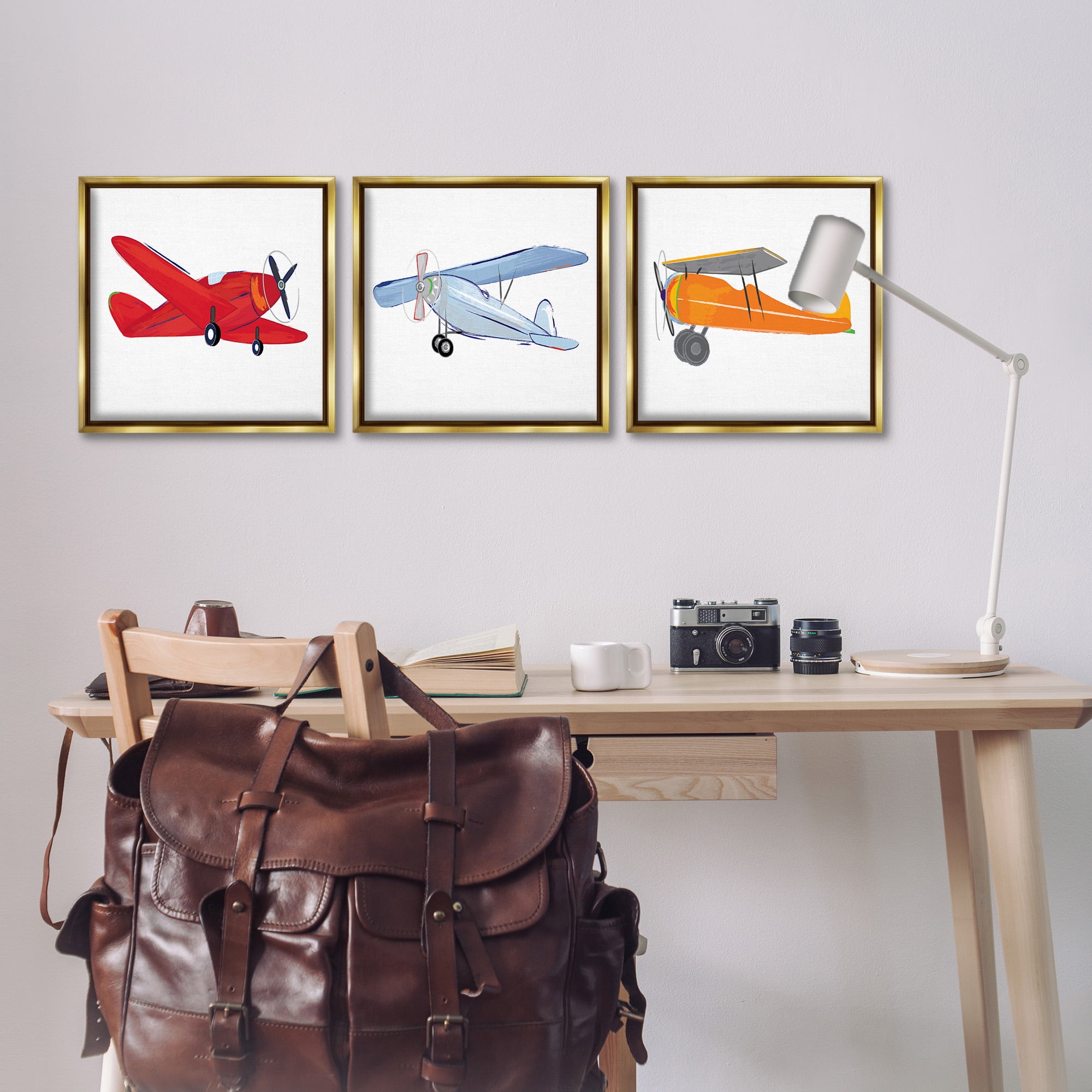 Stupell Industries Triple Colorful Airplanes Drawing Art for Kids Painting Gold Floater Framed Canvas Art Print Wall Art, 18 x 18, Set of 3