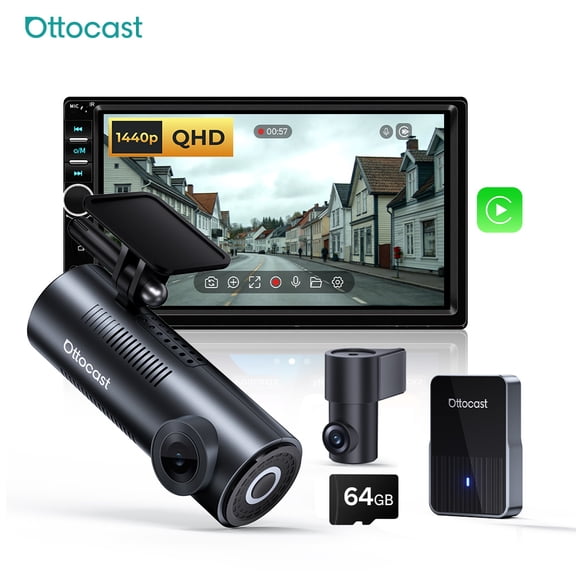 Ottocast OttoSafe Cam 2-in-1 Dash Cam & Wireless CarPlay Adapter, Front and Rear, 2K Full HD Car Camera ,5.8GHz Wi-Fi, GPS, Night Vision, Loop Recording