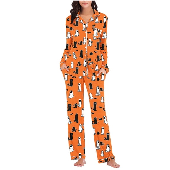Edvintorg Pajama Sets for Women 2 Piece Halloween Printed Pjs Sleepwear Lounge Set Button Down Shirt and Pant Plus Size Omen's Clothing Orange L