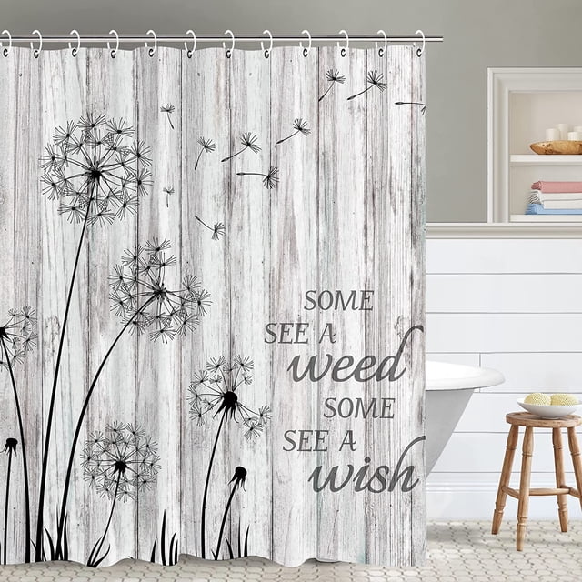 Cortina de ducha rústica con diseño de diente de león y deseos, juego de cortinas de ducha de estilo rústico con diseño de granja, gris, floral, planta, maleza y bosque, 183 cm de ancho x 213 cm de