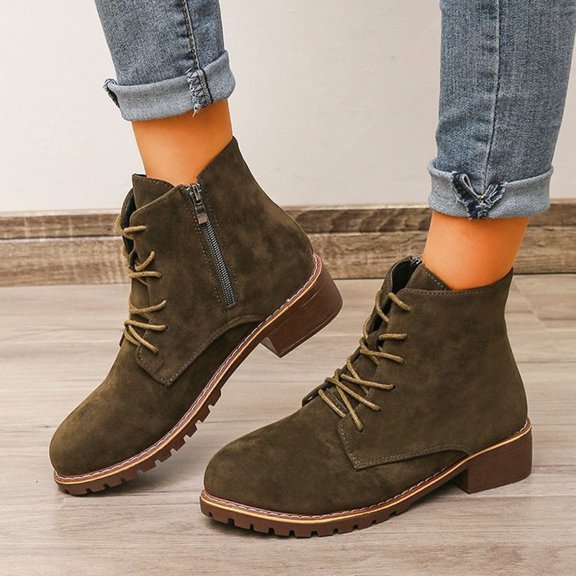JUSLIO Women's Boots,Casual Dress Boots Lace Up Mid Heel Round Toe Winter Fall Fashion Solid Color Martin Boots