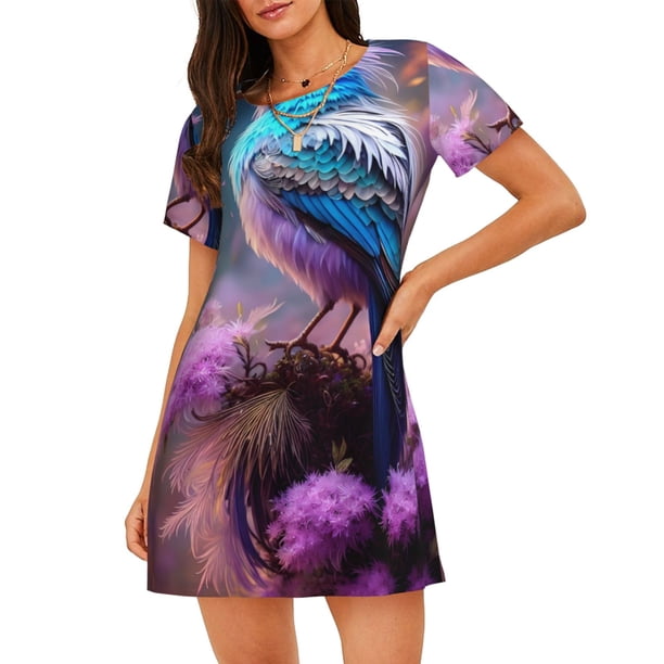 Balery Beautiful Flower Blue Bird Camisón de manga corta con cuello redondo para mujer, cómodo y elegante.