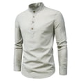 thumbnail image 3 of Male Casual Loose Shirt Mens Casual Cotton And Linen Solid Color Stand-Up Collar Long-Sleeved Shirt, 3 of 9