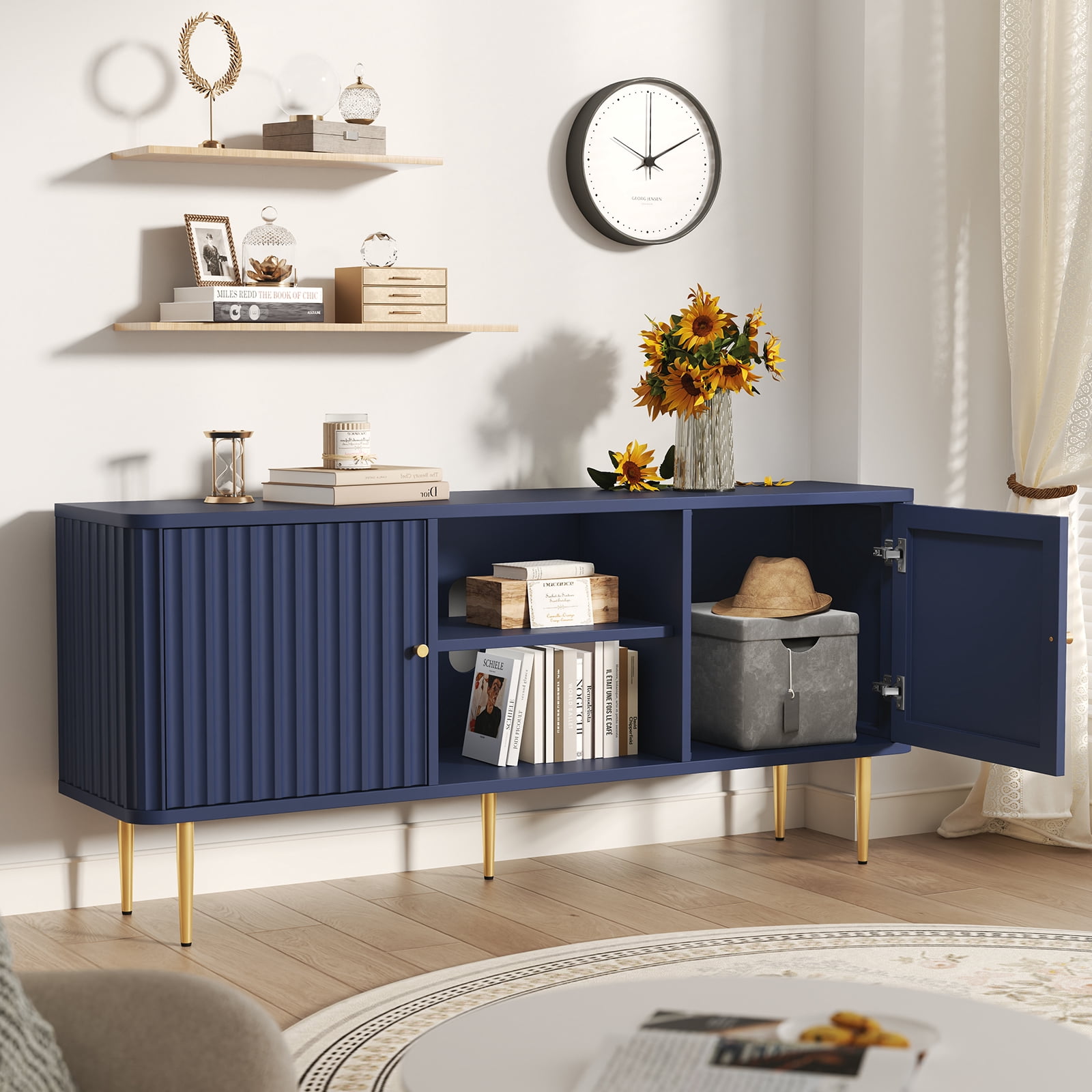 HLR Modern Fluted 55" TV Stand for 65 Inch TV, Entertainment Center with Storage, TV Console for Living Room, Blue
