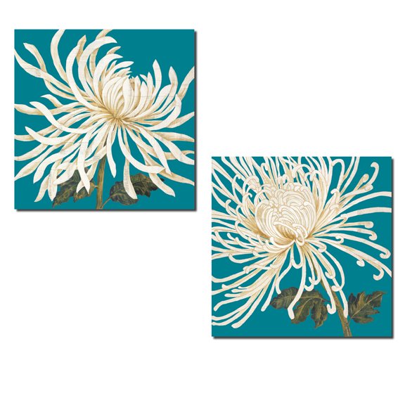 Teal and Cream Spider Flowers Adult Floral Decor; 2 - 12" x 12" Unframed Posters