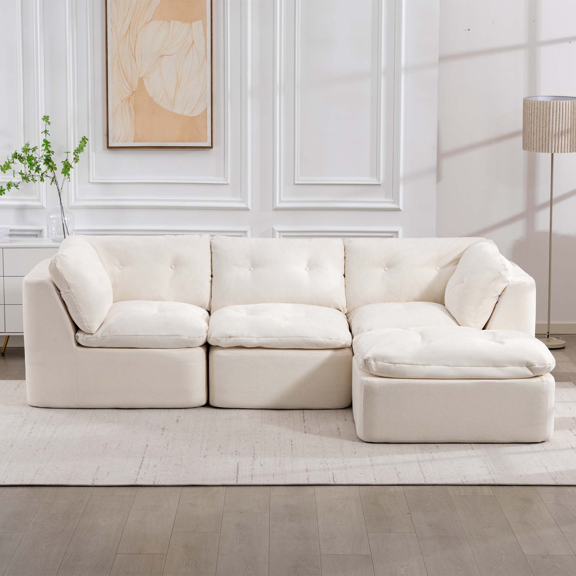 106.29" Sectional Sofa, 3 Seater Modular Sectional Floor Sofa with Ottoman, Chenille Cloud Couch for Living Room, Deep Seat Sofa, Beige