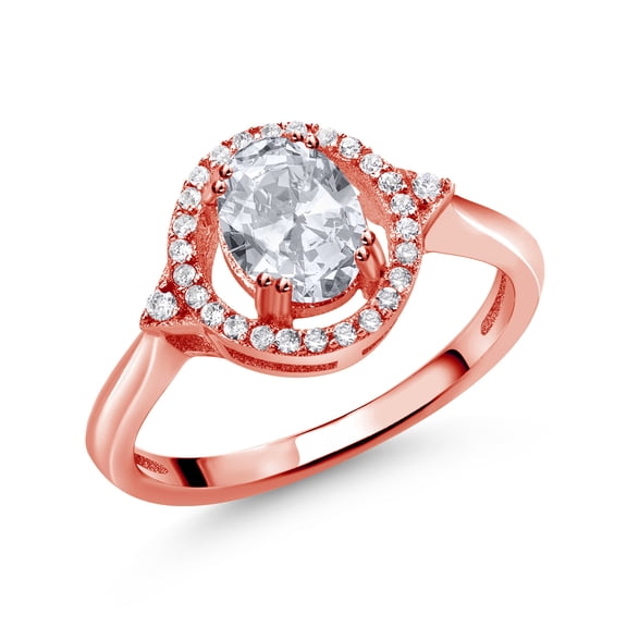 Gem Stone King 1.34 Ct Oval White Topaz 18K Rose Gold Plated Silver Ring (Size 5)