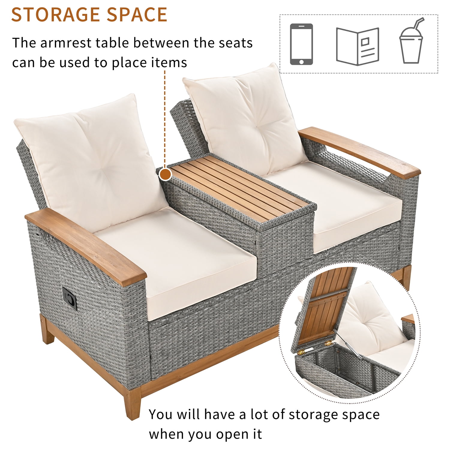 Kadyn Outdoor Comfort Adjustable Loveseat, Armrest with Storage Space, Loveseat Sofa Chairs for Courtyards, Beige Kadyn Outdoor Comfort Adjustable Loveseat, Armrest with Storage Space, Loveseat Sofa Chairs for Courtyards, Beige