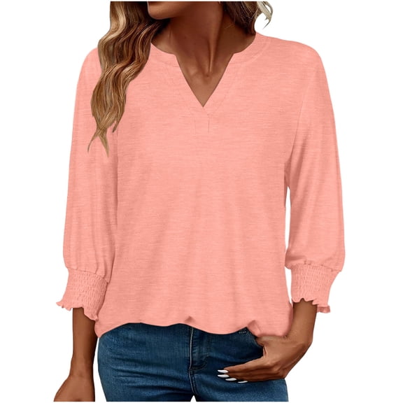 Htigea V-Neck Shirts for Women Smocked Cuffs 3/4 Sleeve Tunic Tops Solid Color Soft Comfy Daily Tees Casual Blouses Pink S
