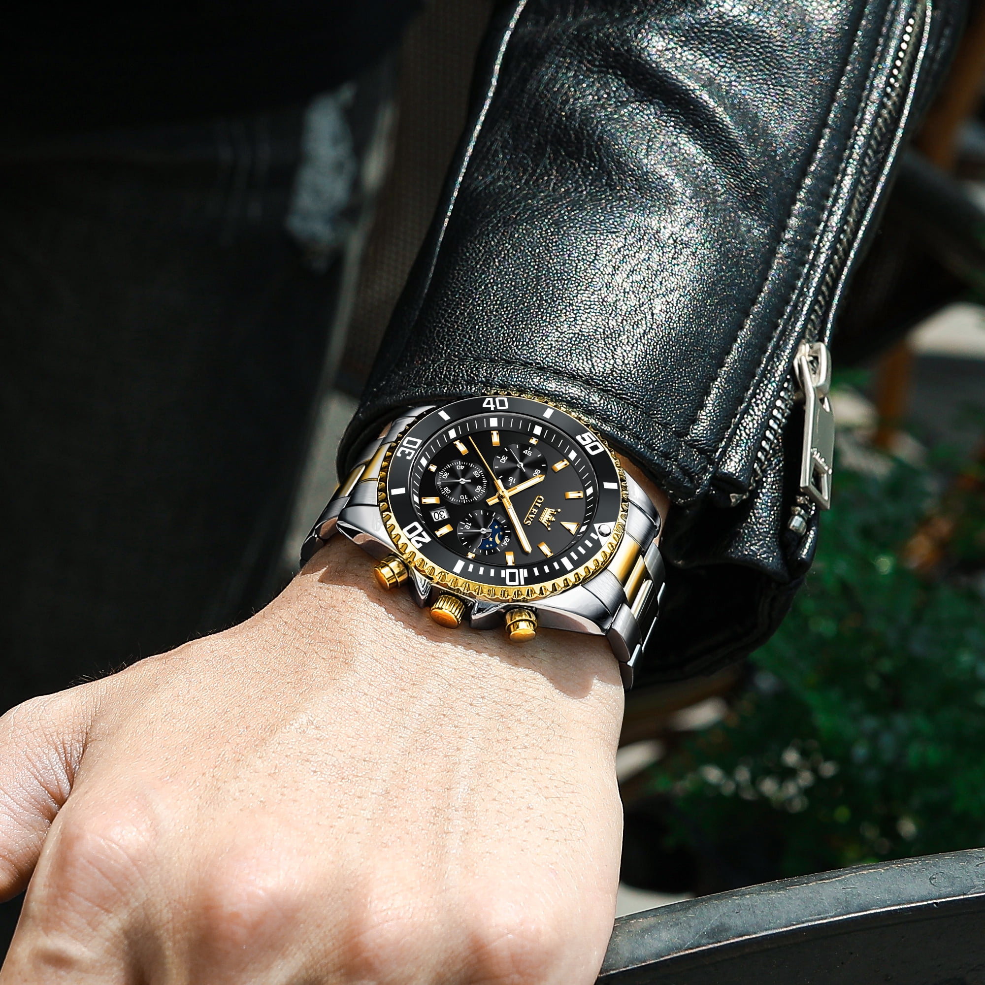 OLEVS Watches for Men Luxury Analog Quartz Chronograph Business Dress Gold Plated Stainless Steel Moon Phase Waterproof Luminous Date Casual Mens Wrist Watches Reloj Para Hombre