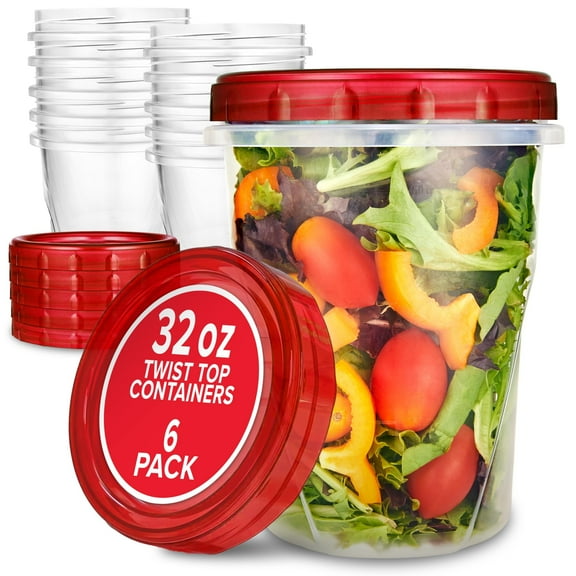 32oz Plastic Containers with Red Twist Top Lids (6 Pack) – Quart Freezer Containers for Leftovers, Airtight Reusable Soup Storage, Microwave & Dishwasher Safe