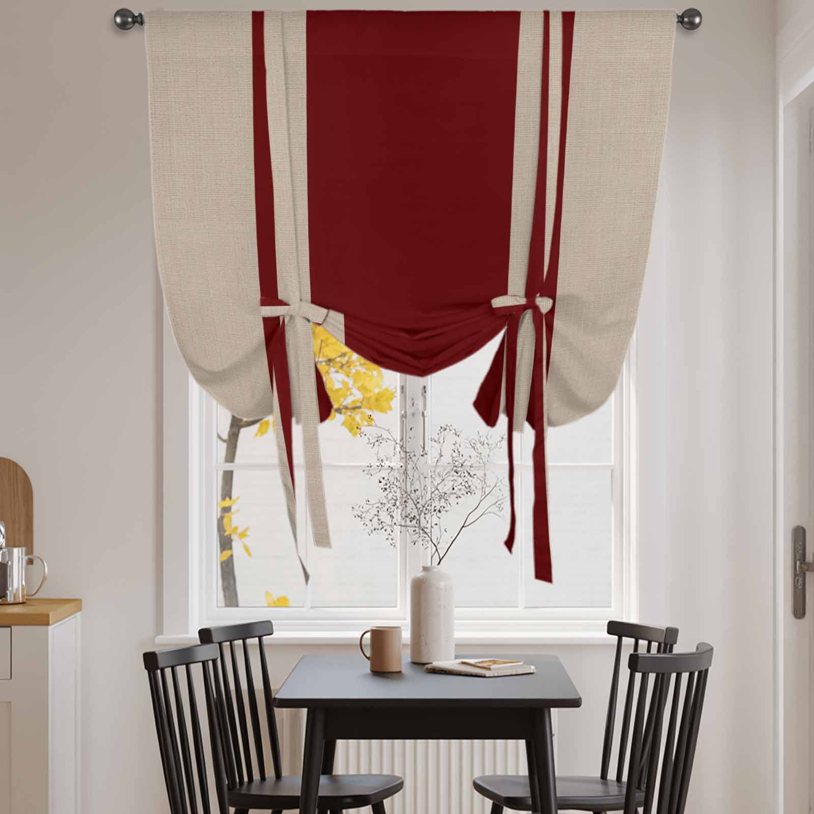 Red Vertical Stripes Tie Up Curtain for Window, Abstract Vintage Linen Texture Minimalist Adjustable Tie Up Balloon Curtain Valances Rod Pocket Window Treatment for Kitchen Bathroom Bedroom 42"x63"