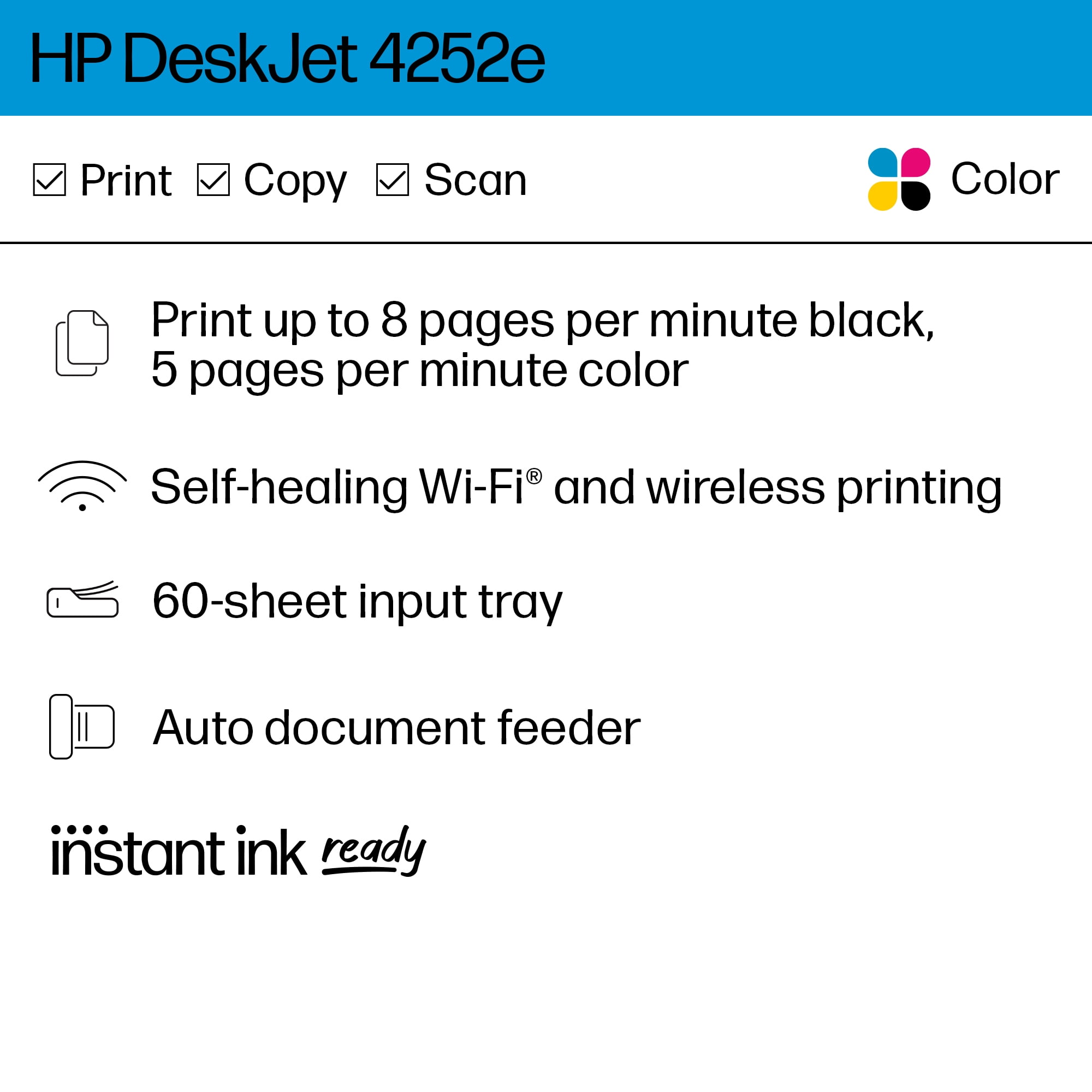 HP DeskJet 4252e Wireless All-in-One Color Inkjet Printer (White), Scanner, Copier, 3 months Free Instant Ink