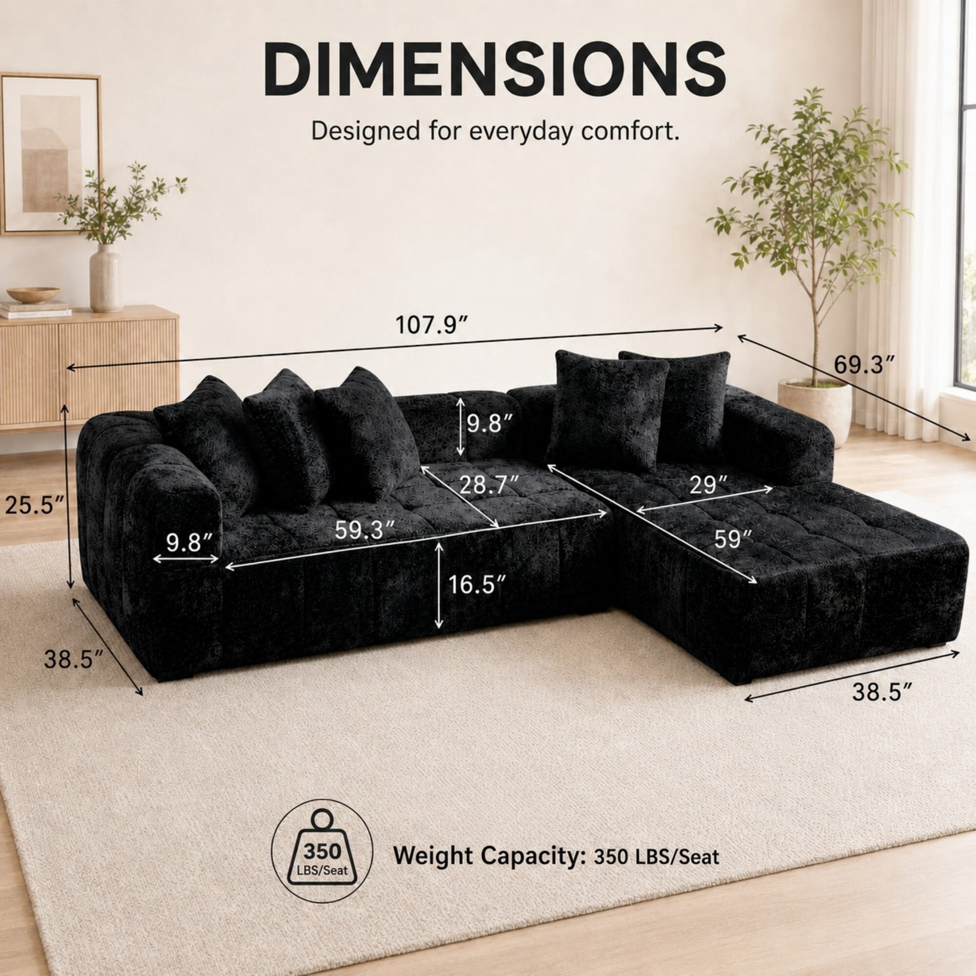 DEALTOPS 108" Cloud Sectional Sofa, 4-Seat Boucle L-Shaped Couch, No Assembly, Black Right-Facing Chaise