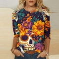 thumbnail image 1 of Simua Hauts Imprimés Floraux Colorés pour Femmes, Chemises à Manches 3/4, Col Rond, Blouses Décontractées Amples, 1 of 5