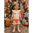 thumbnail image 4 of RUINIXCW Toddler Baby Girl Halloween Outfit Infant Baby Girls Summer Fall Clothes Pumpkin Ghost Embroidery Flying Sleeve T Shirt Tops and Plaid Shorts 2Pcs Set, 4 of 9