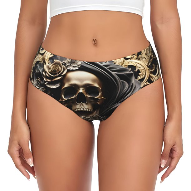 Balery Gold Rose Skull Ropa Interior de Algodón para Mujer con Dibujo – Braguitas Cómodas y Elásticas, Estilo Clásico-Medium