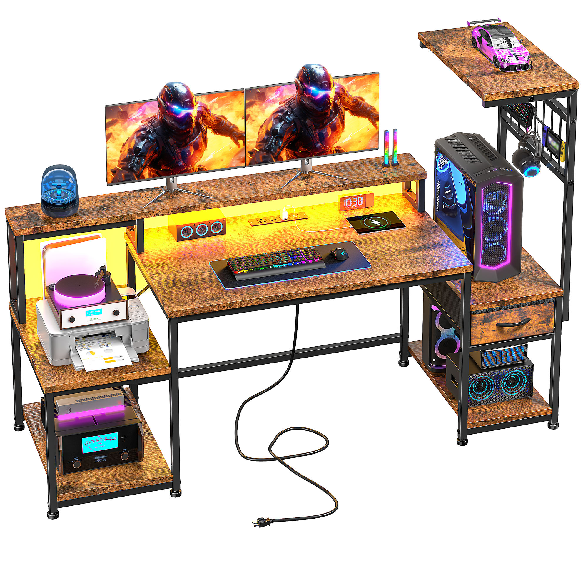 Romorgniz 55"W Gaming Desk Computer Desk with Hutch Corner Desk with LED Lights， Outlets & Monitor Stand for Gaming,Studying,Home Office Desks,Rustic Brown