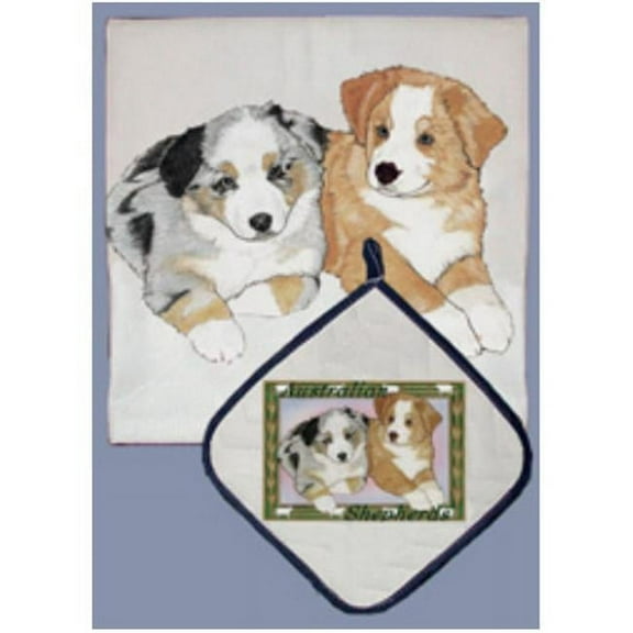 Pipsqueak Productions DP859 Dish Towel and Pot Holder Set - Australian Shepherd Pups