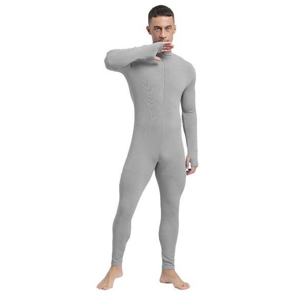 Sxiwei Men's Long Sleeve Full Body Unitard Leotard Bodysuit Athletic Jumpsuit Front Zipper Rompers Gray L
